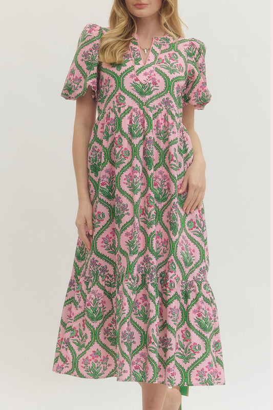 Floral Puff Sleeve Tiered Pocket Midi Dress