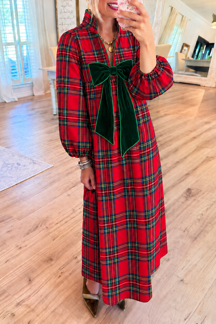 Red Tartan Velvet Bow Maxi Dress
