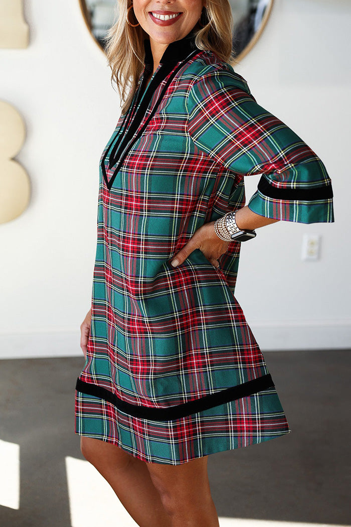 Pocketed Velvet Trim Plaid Dress