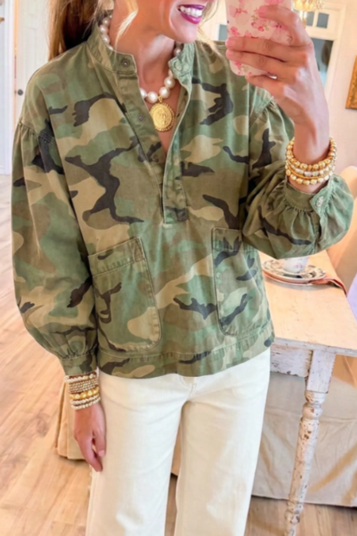 Camo Henley Placket Puff Sleeve Patch Pocket Top
