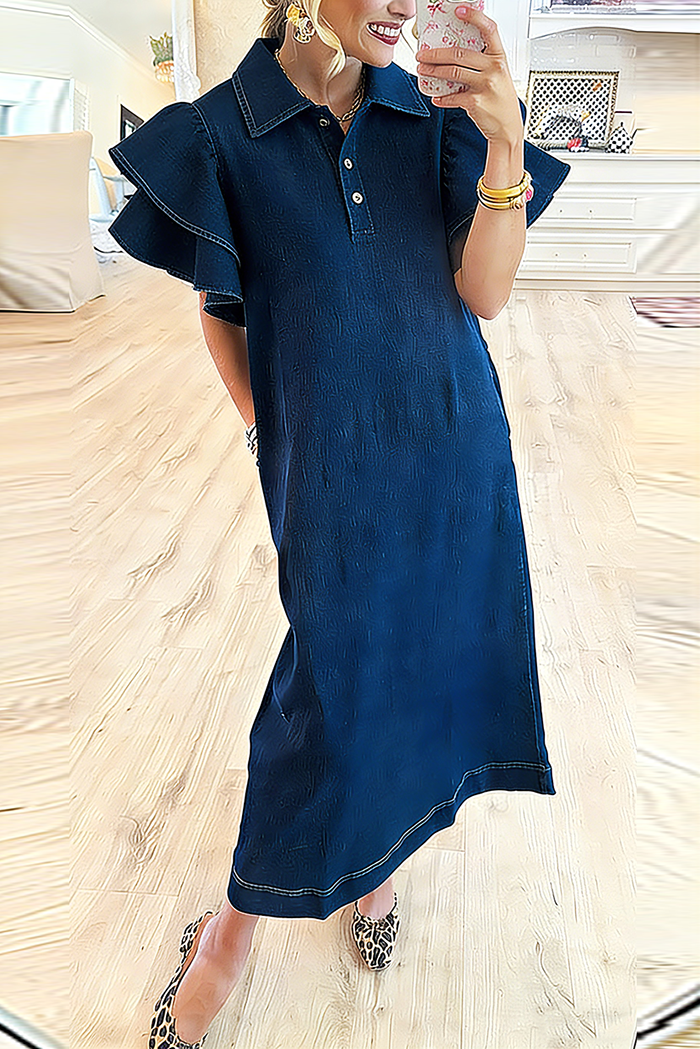 Collared Double Ruffle Sleeve Pocket Denim Maxi Dress