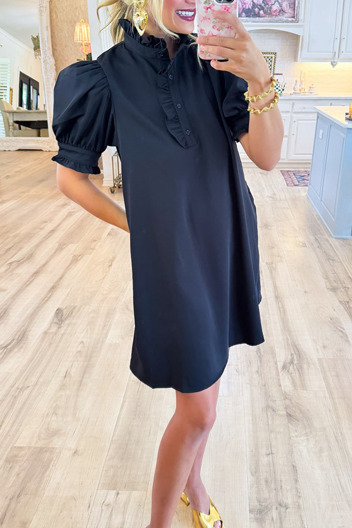 Black Ruffle Neck Pocket Dress