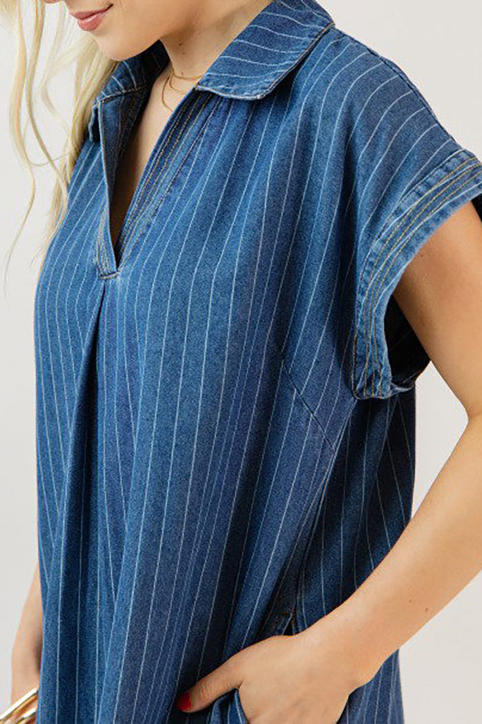 Pinstripe Denim Side Pocket Maxi Dress