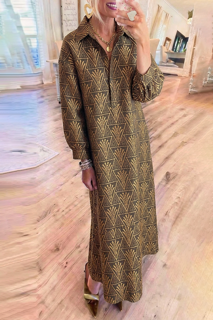 Geometric Jacquard Collar Half‑Button Pockets Maxi Dress