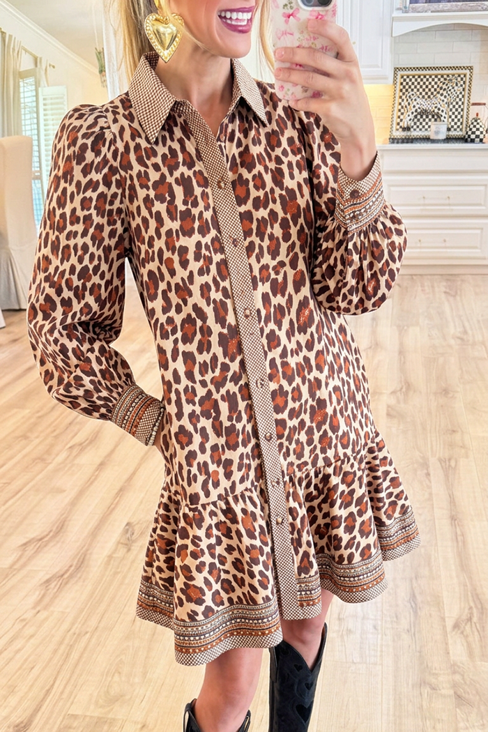 Leopard Print Collar Pockets Ruffle Hem Dress