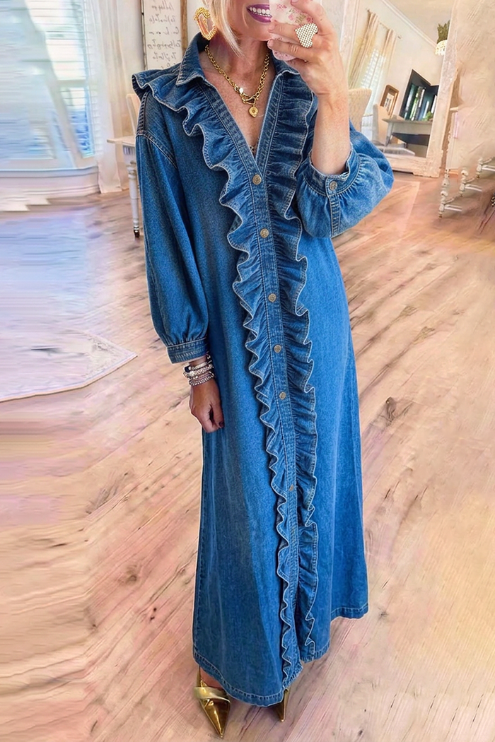 Denim Ruffle Placket Full Button Front Maxi Dress