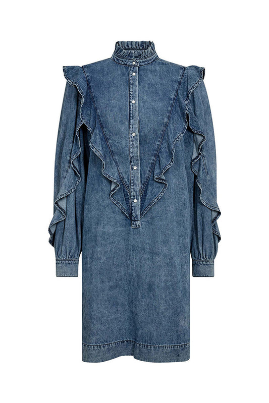 Mock Neck Ruffle Denim Dress