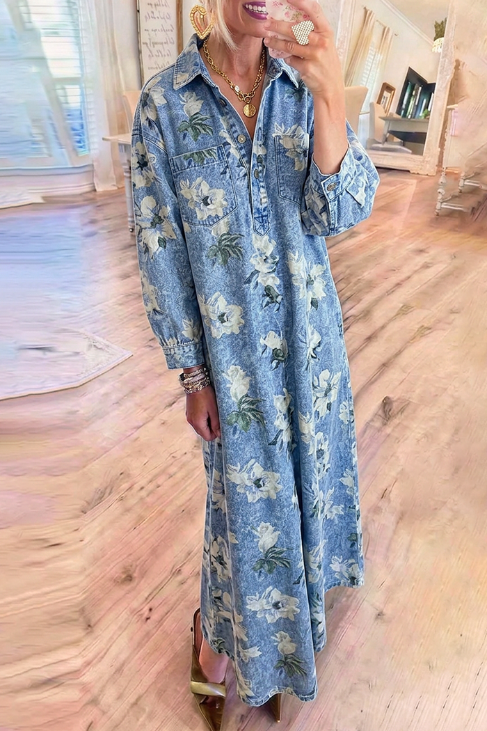 Denim Henley Neck Chest Pockets Floral Maxi Dress