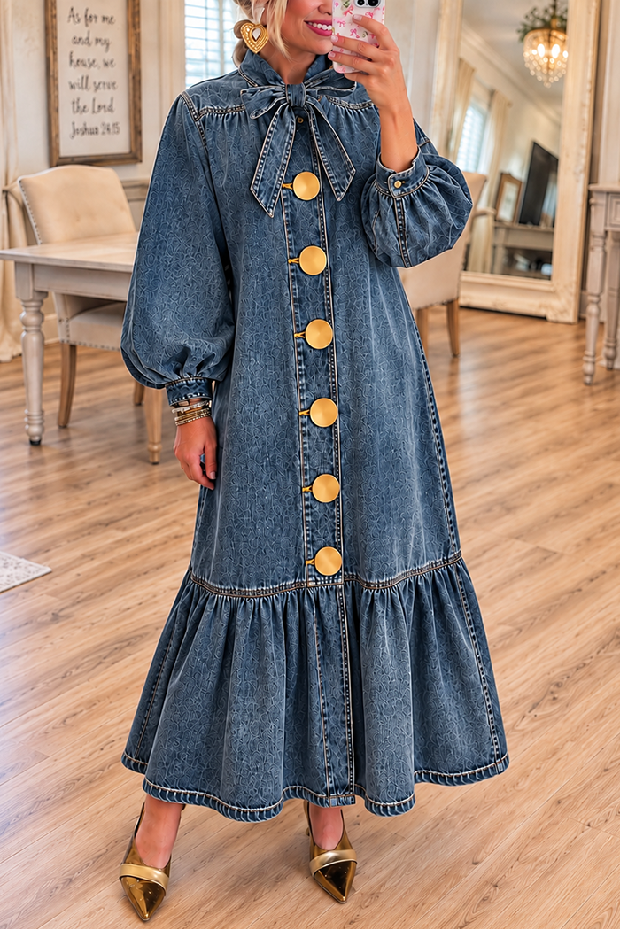 Denim Bow Neck Big Button Maxi Dress