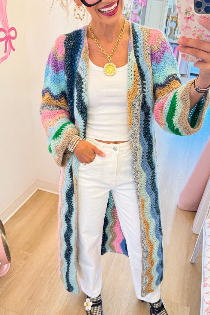 Casual Rainbow Wavy Stripe Knit Cardigan