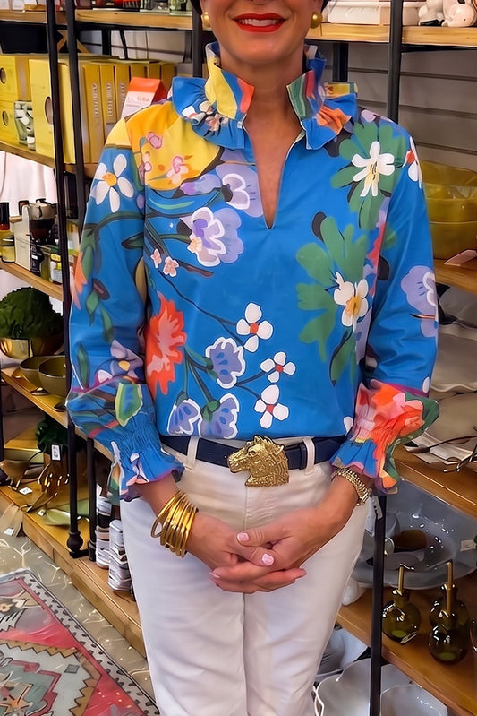 Vibrant Floral Ruffle Collar Top