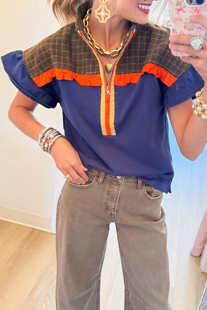 Casual Navy Colorblock Plaid Contrast Top