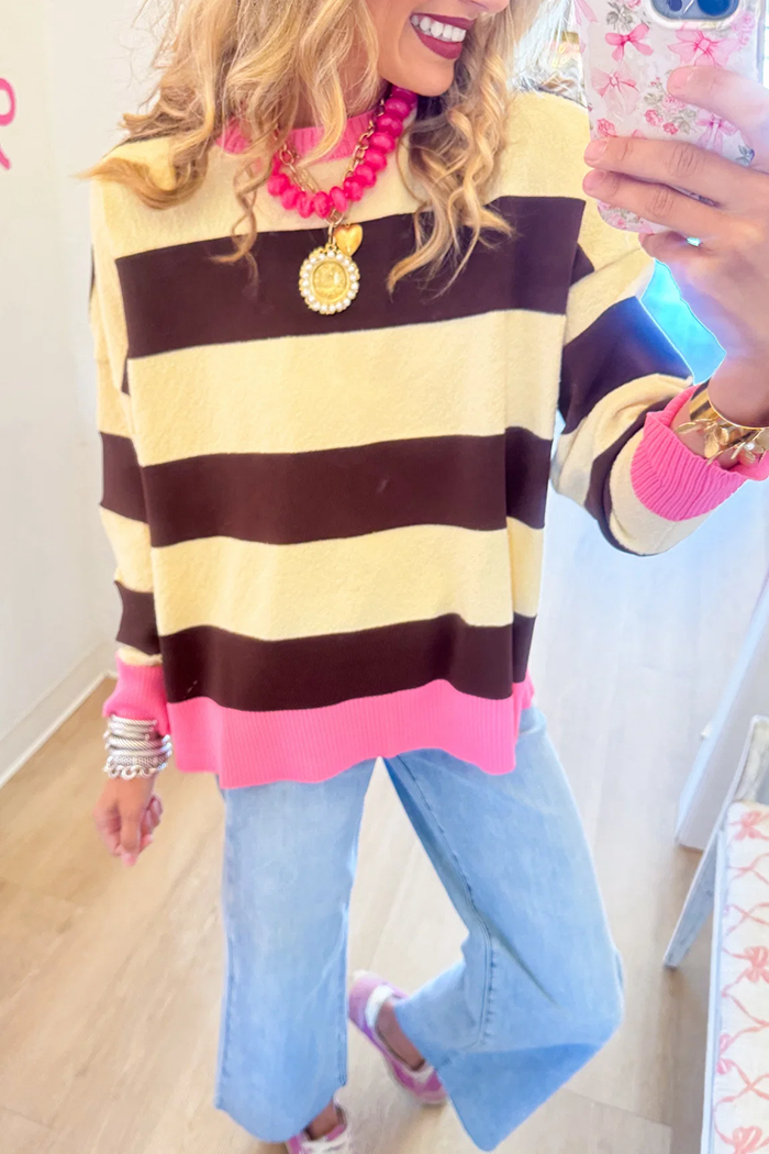 Cream Contrast Stripe Knit Long Sleeve Top