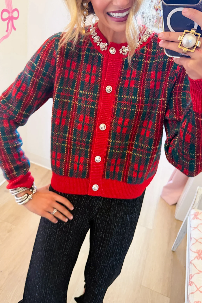 Red And Green Plaid Knit Cardigan