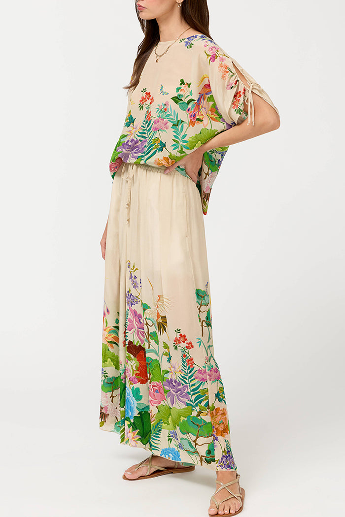 Border Floral Drawstring Waist Wide Leg Two Piece Set
