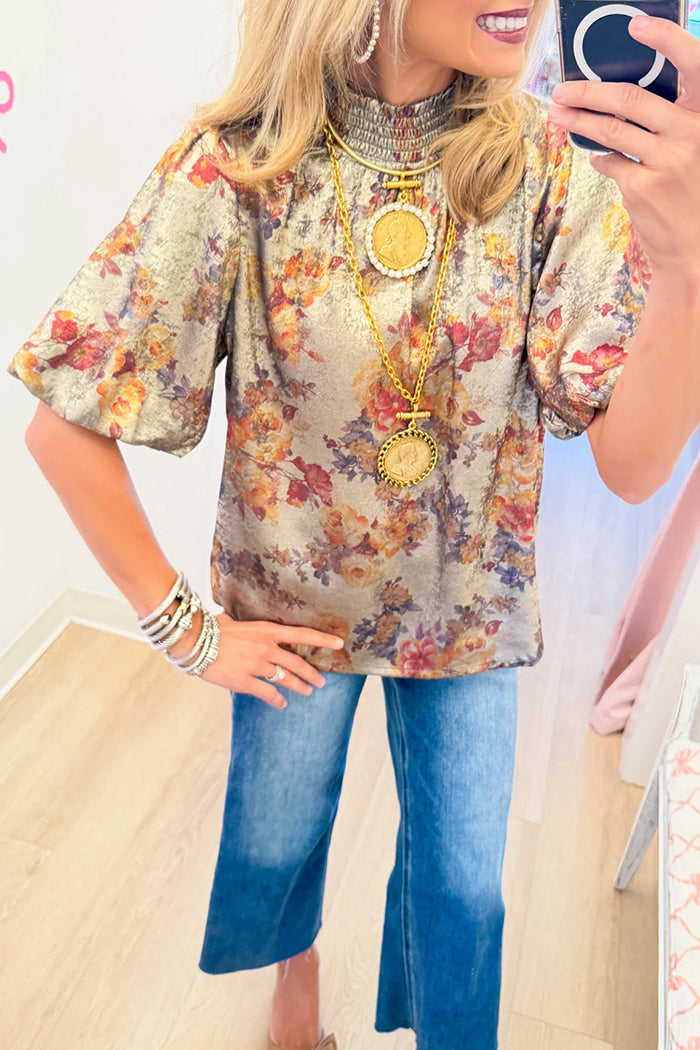 Floral Metallic Puff Sleeve Top