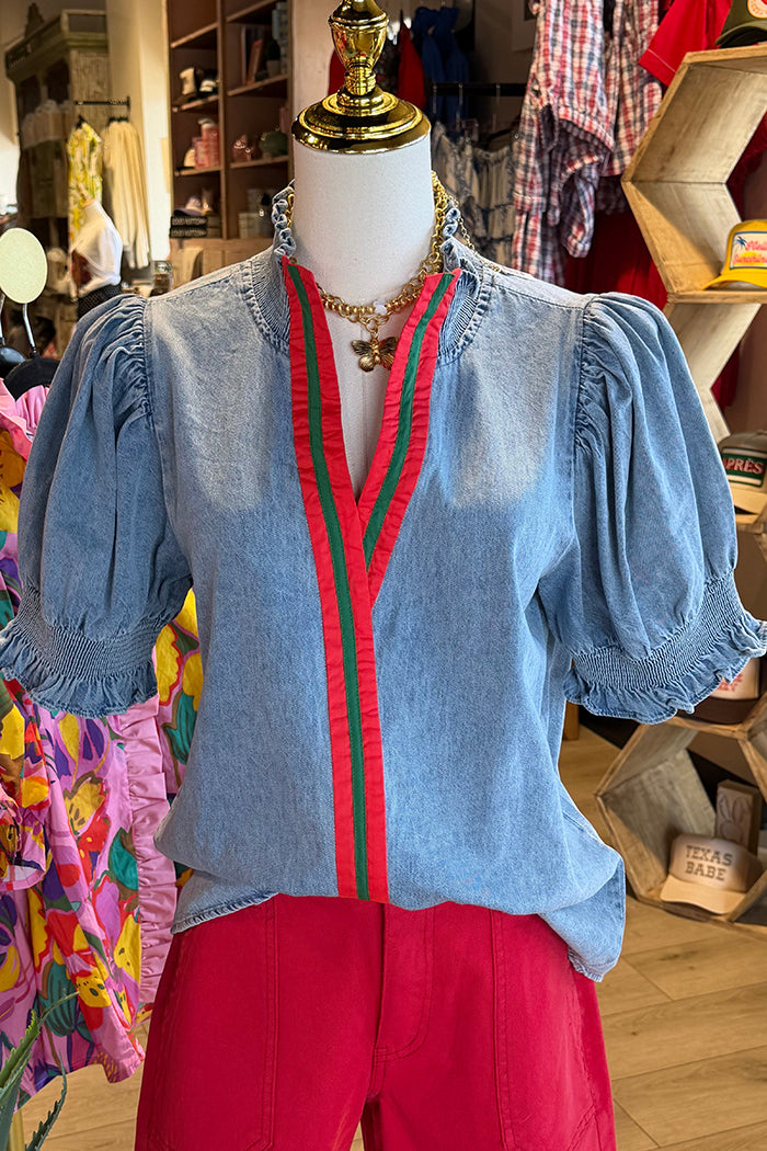 Puff Sleeve Trim Detail Denim Top