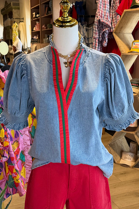 Puff Sleeve Trim Detail Denim Top