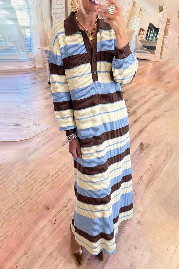 Color Block Stripe Knit Collared Pockets Maxi Dress