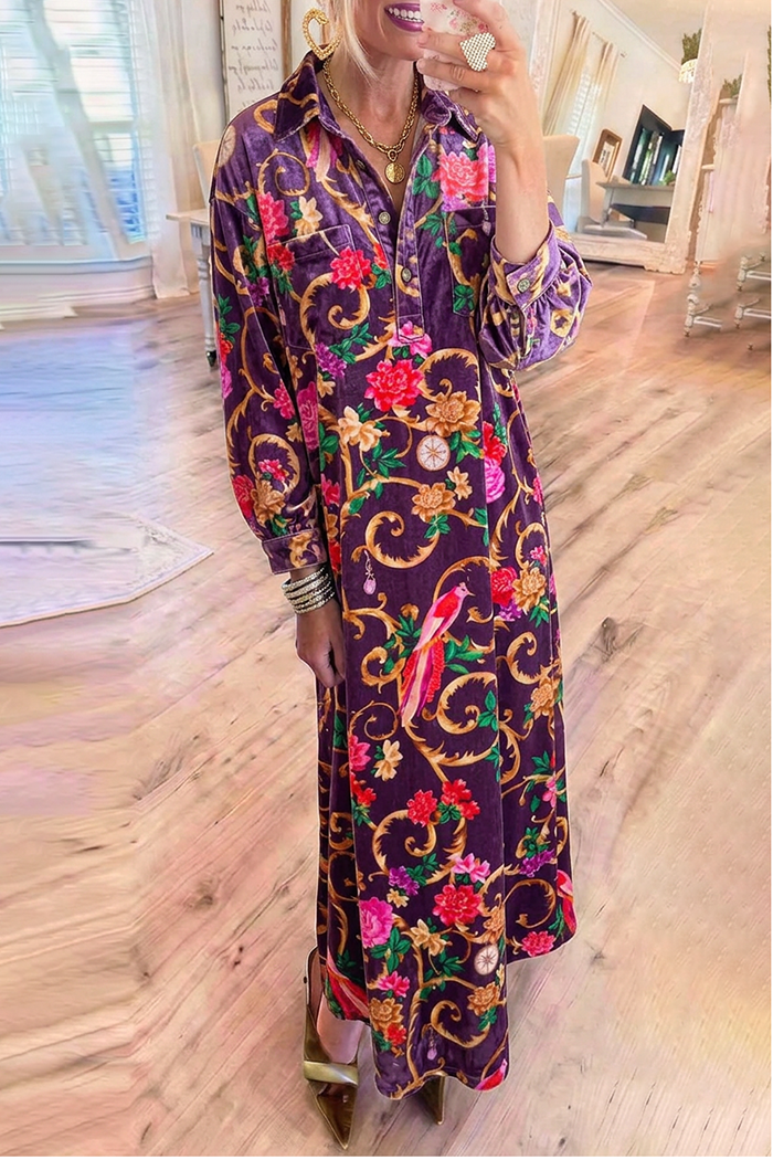 Velvet Floral Bird Collared Chest Pocket Long Sleeve Maxi Dress
