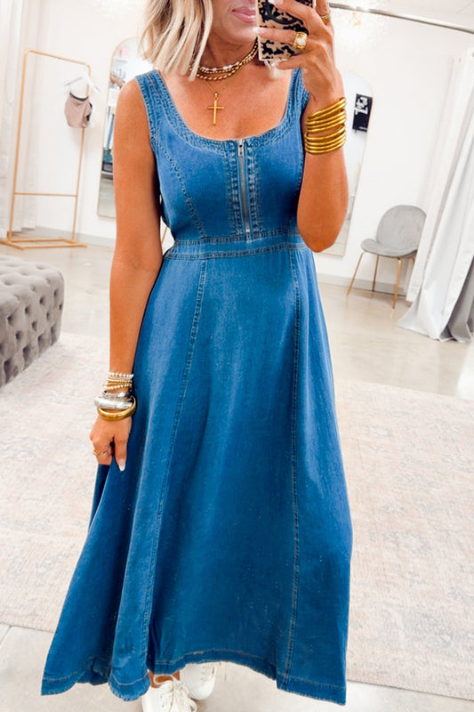 Scoop Neck A-Line Denim Midi Dress