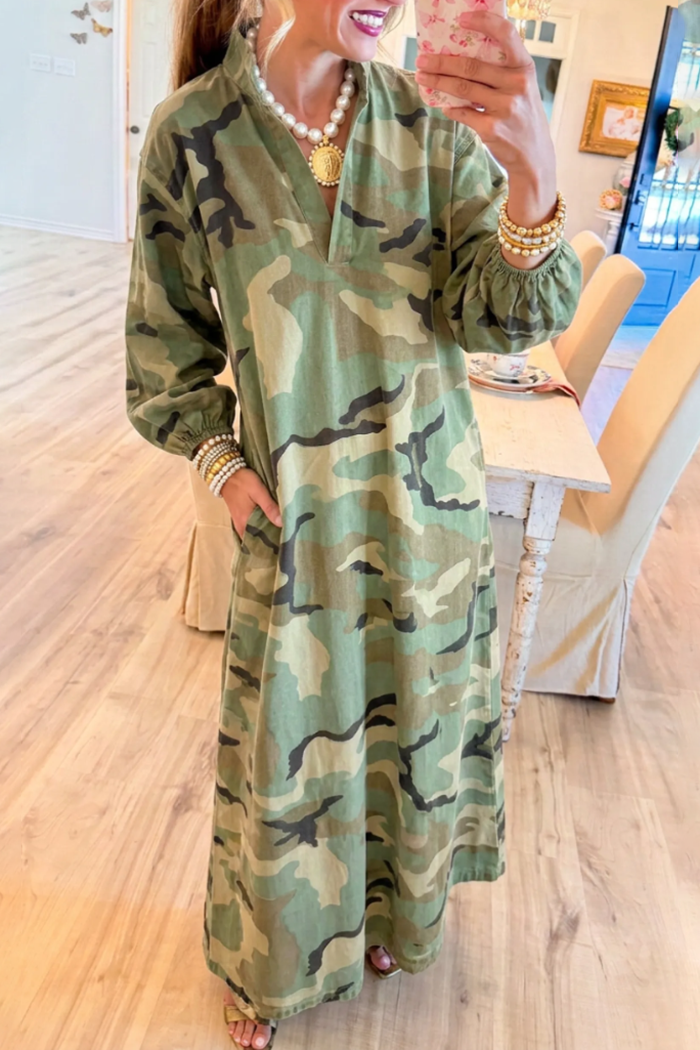 Elastic Cuff Camo Pocket Maxi Dress