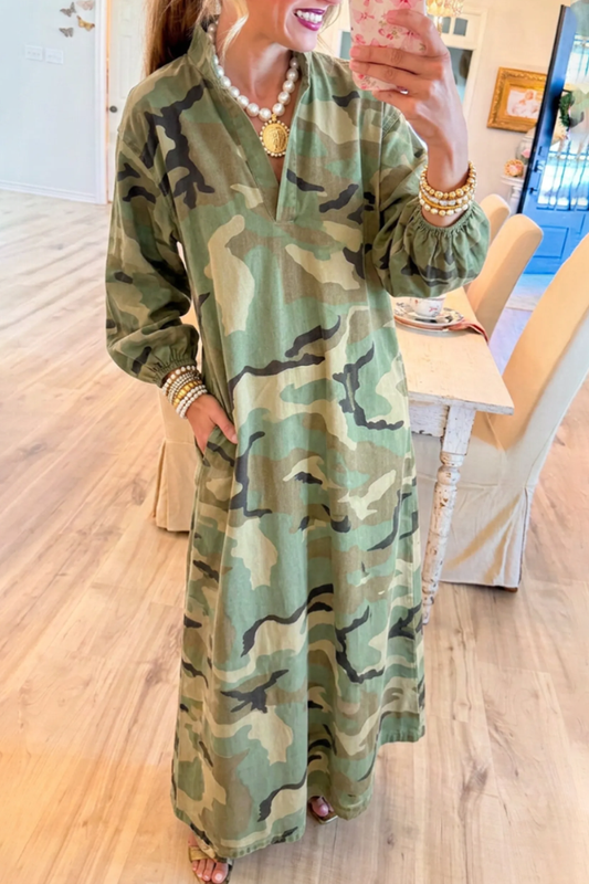 Elastic Cuff Camo Pocket Maxi Dress