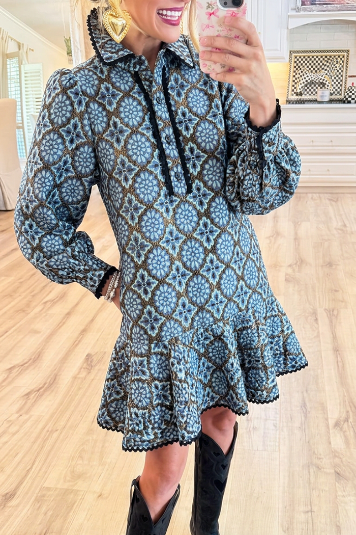 Geometric Floral Shirt Collar Balloon Sleeves Ruffle Hem Pockets Dress