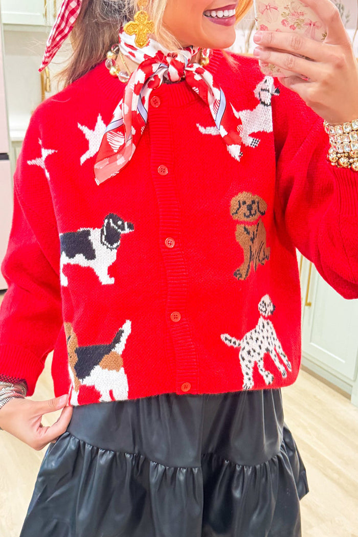 Puppy Motif Button-Front Knit Cardigan