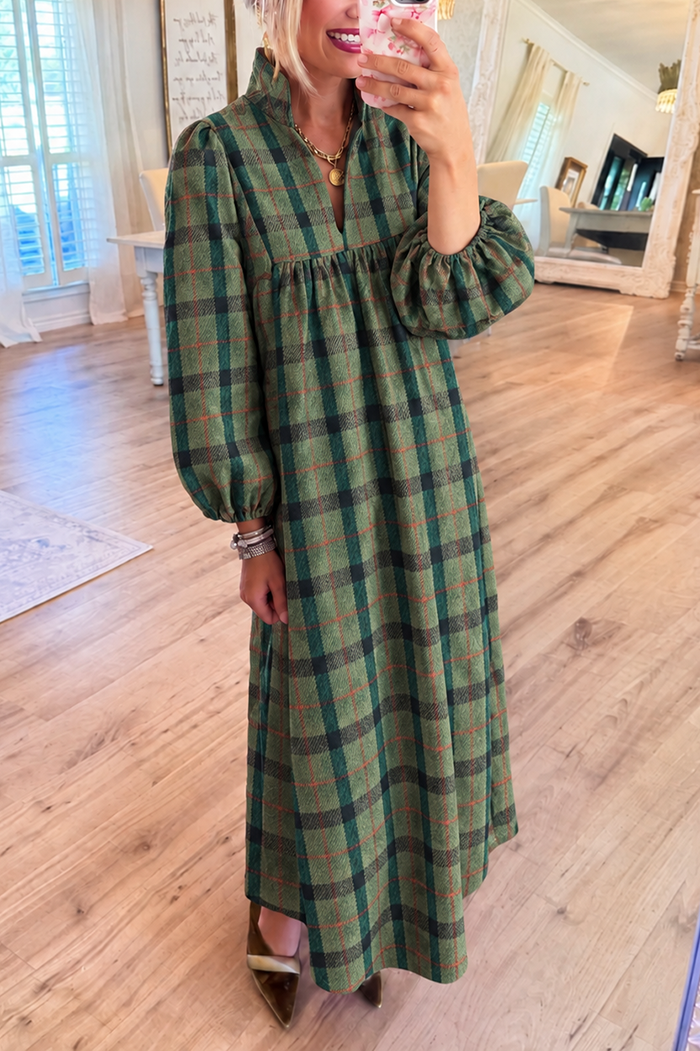 Green Plaid Balloon Long Sleeves Pocket Maxi Dress