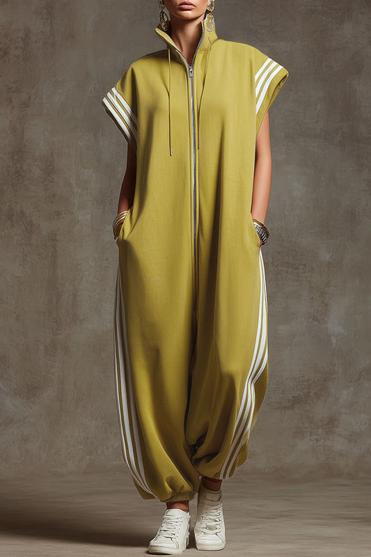 Sporty Pocket Yellow-Green Sleeveless Jumpsuit
