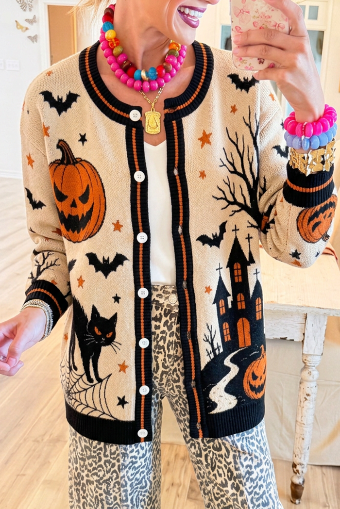 Round Neck Knit Halloween Jacquard Cardigan
