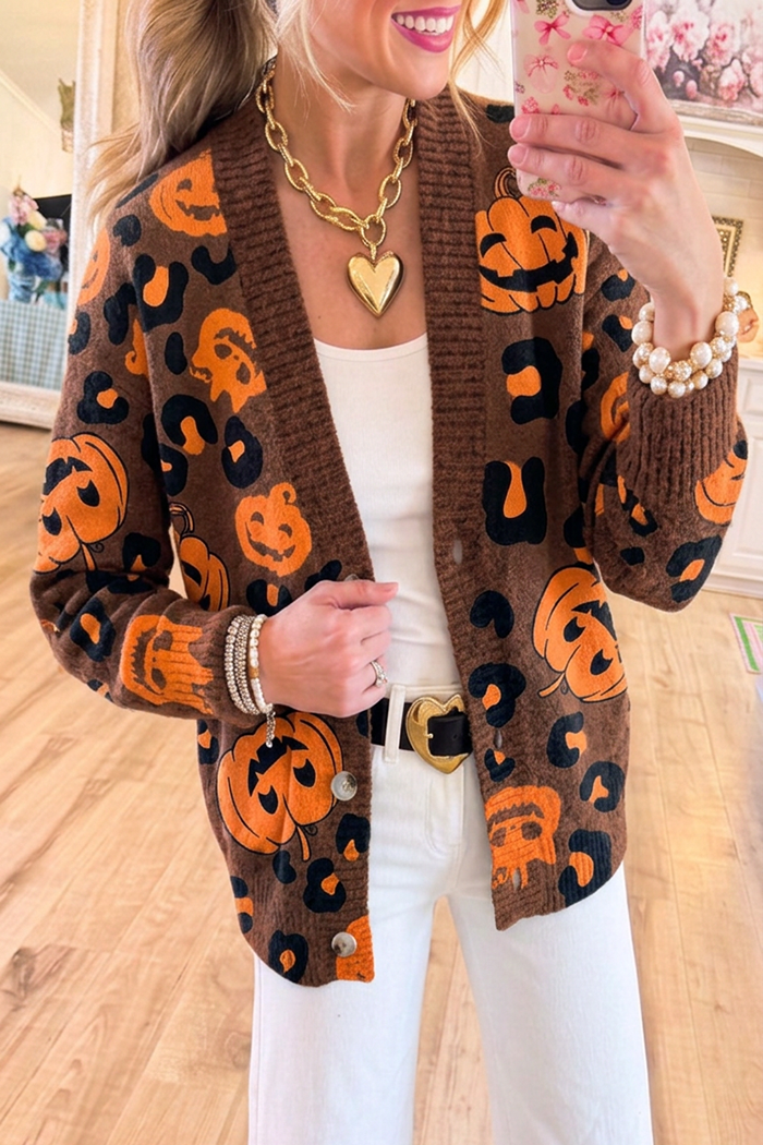 Brown Knit Halloween Pumpkin Motif Button Front Cardigan