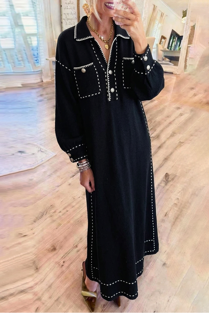 Black Contrast Stitch Knit Pockets Maxi Dress