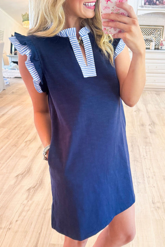 Ruffle Stripe Collar Pocket Dress