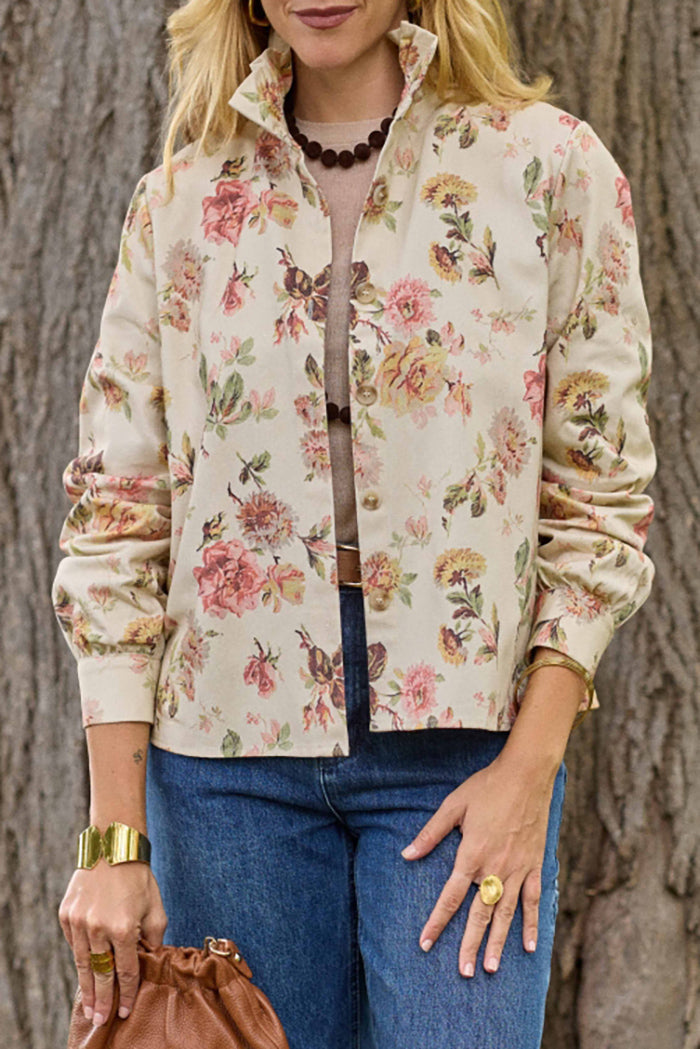 Beige Floral Ruffle Collar Jacket