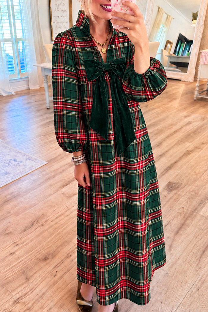 Red and Green Tartan Plaid Velvet Bow Pocket Maxi Dress