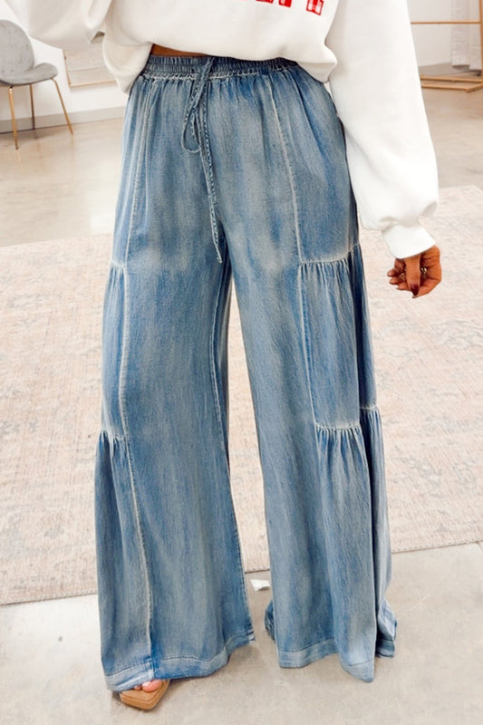 Ruffled Wide Leg Denim Pants