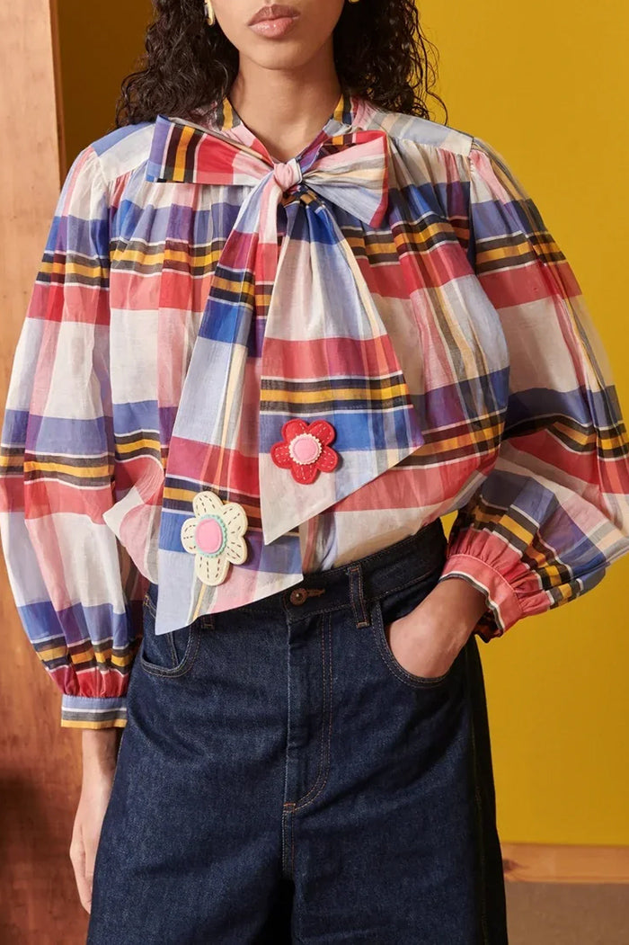 Plaid Bow Puff Sleeve Shirt