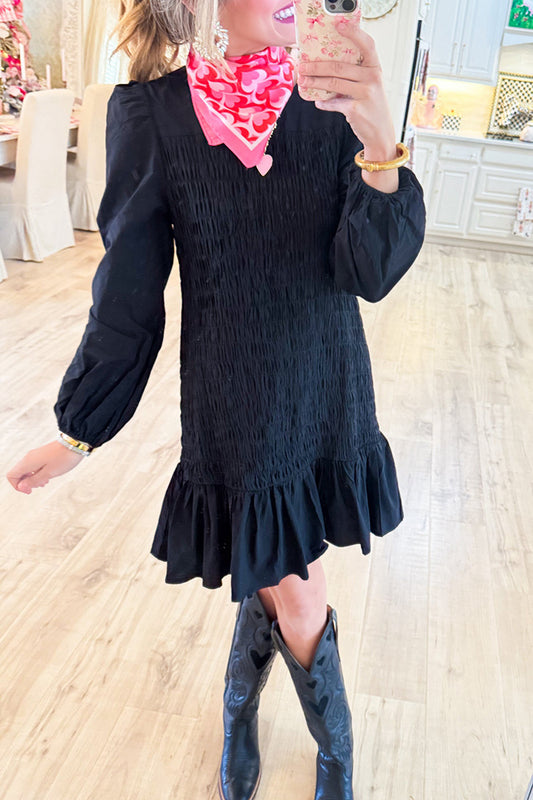 Black Smocked Long Sleeve Dress