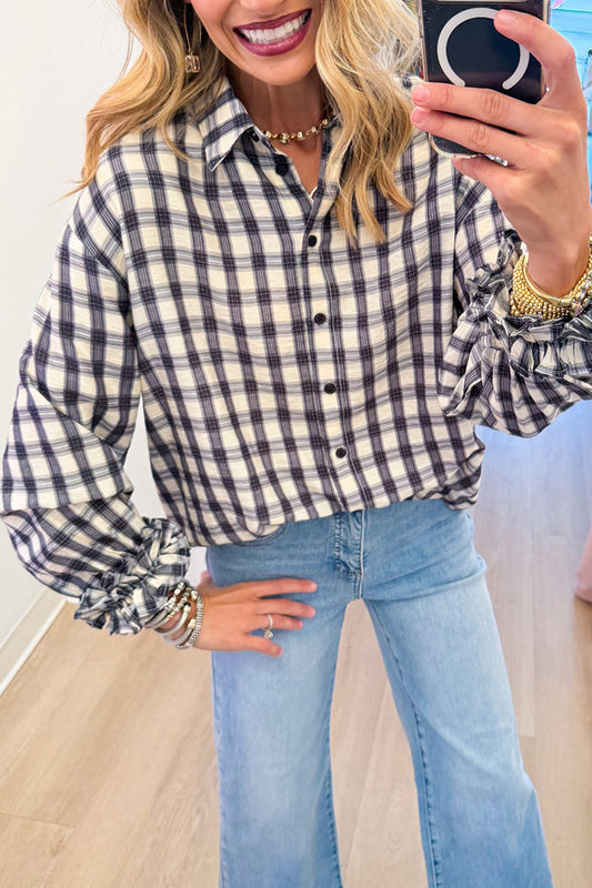 Navy Plaid Ruffle Detail Top