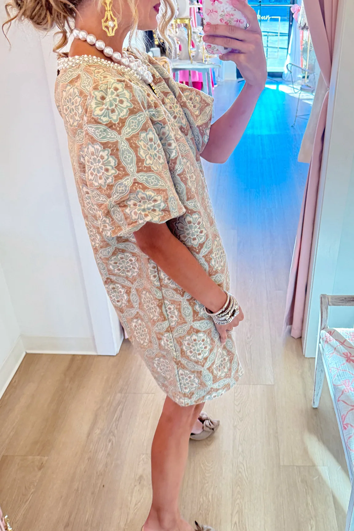 Taupe Geometric Velvet Jacquard Puff Sleeve Dress