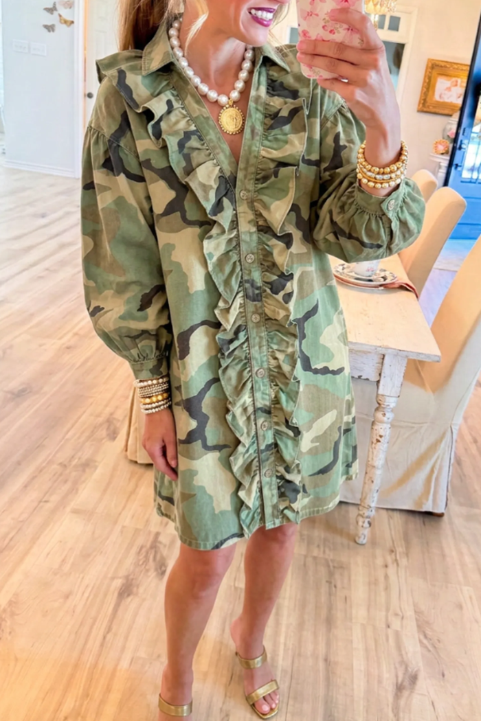 Collared Ruffle Front Balloon Sleeve Camo Shirt Dress