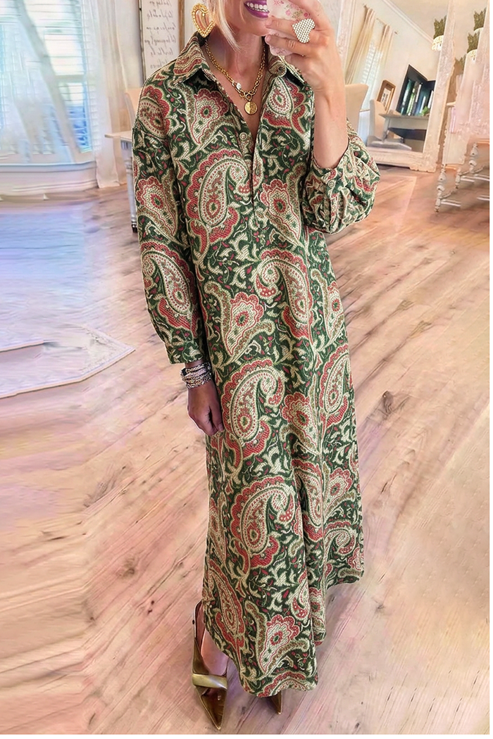 Paisley Collared Balloon Sleeve Maxi Dress