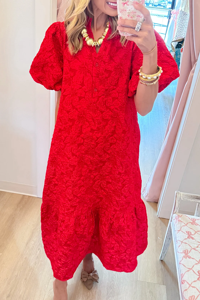 Red Puff Sleeve Jacquard Pocket Dress