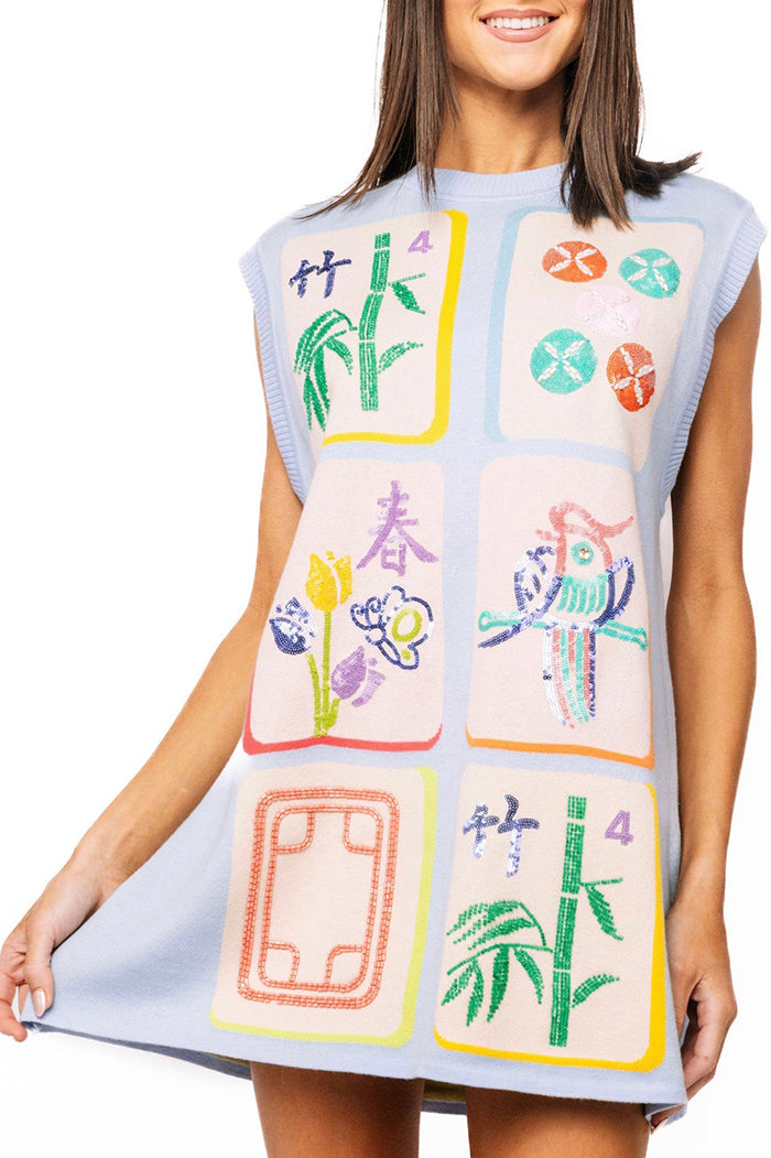 Blue Mahjong Tile Print Sleeveless Tank Dress
