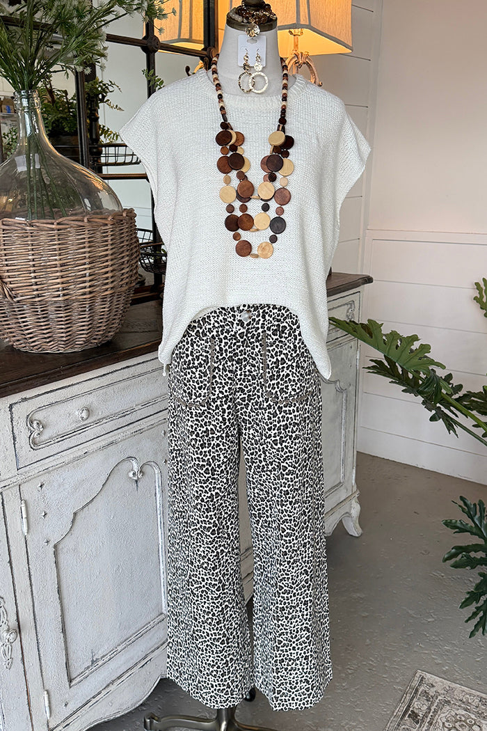 Cap Sleeve Top Leopard Print Wide Leg Two Piece Set