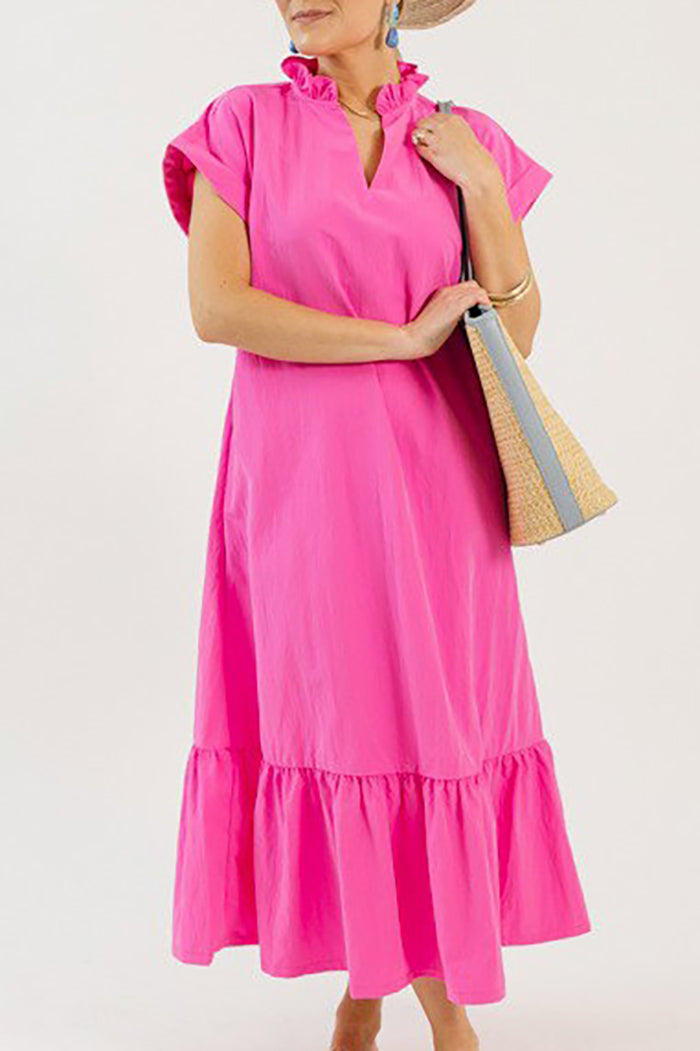 Cuffed Sleeve Ruffle Hem Pocket Midi Dress
