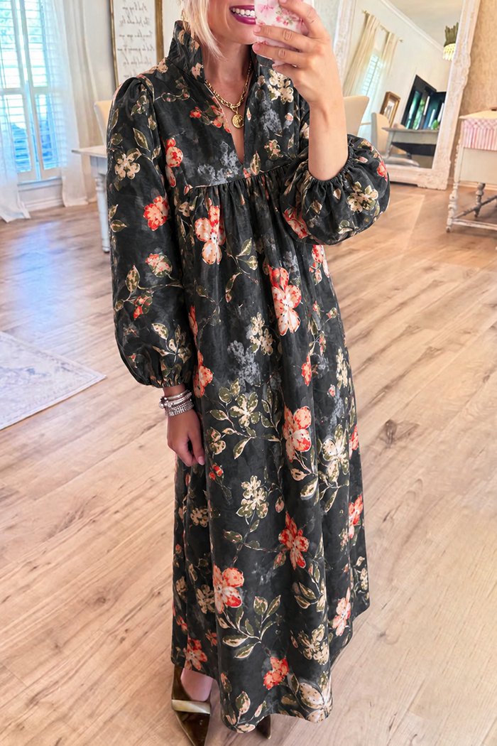 Stand Collar Floral Pockets Maxi Dress