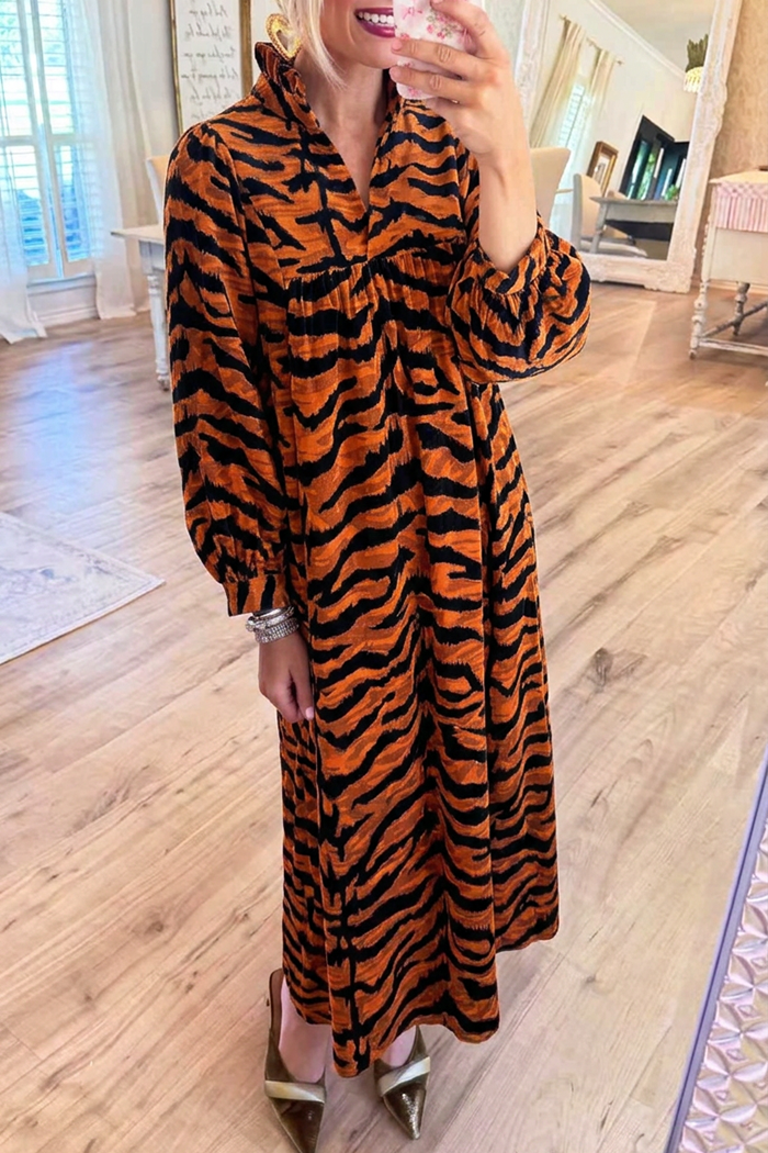 Ruffle Stand Collar Tiger Stripe Pocket Maxi Dress